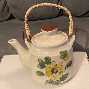 VTG 1970's Otagiri Hand Crafted Stoneware Teapot-Green & Yellow Flower-Japan-EUC
